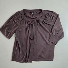 Talbots Brown Tie Neck Cardigan 3/4 Puff Sleeve Knit Top Size Medium picture