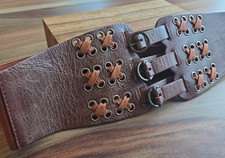Vintage Martina Mori Italy  Leather Belt Wide Brown Metal Buckles 35