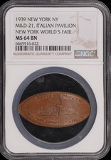 Elongated Penny - 1939 New York World's Fair Italian Pavilion M&D21 - NGC MS64BN picture