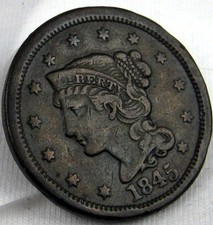 1845 BRAIDED HAIR LARGE CENT CHOICE EXTREMELY FINE XF+ COIN #75-6 picture