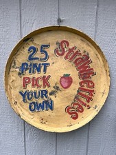 Vintage Folk Art Painted Metal Farm Strawberry Sign picture