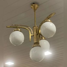 Antique Vintage Art Deco Old Fixture Ceiling Brass Hanging Chandelier Light Milk picture