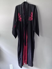 Authentic Japanese Polyester Black Kimono Robe with Red Dragon Embroidery Vtg picture