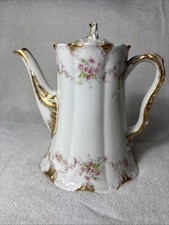 Antique Theodore Haviland Limoges France Coffee Pot Pink Floral Gold Trim picture