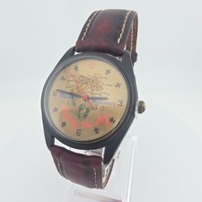 Vtg 1990s FOSSIL Mens Watch 'Riding The Sky' Airplane RM-2539 Brown Leather 7.5