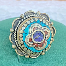Beautiful Silver Ring Vintage Lapis Lazuli Coral Stones Stunning Hand Size 10 picture