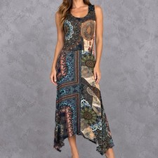 Desigual Patchwork Maxi Dress Womens XL Black Mandala Print Asymmetrical Hem picture