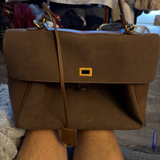 Brown Satchel Top Handle Bag, Turn Lock Closure, Detachable Strap, Gold picture