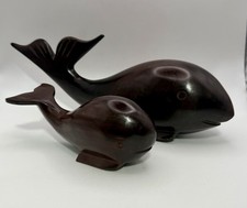 Vintage Ironwood Whale &  Baby Calf Statue Hand Carved Figurine 13