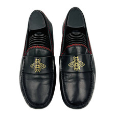 Gucci Bee Gold Embroidered Driving Loafers Black Leather Web Trim Shoes EU 41 picture