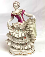 Vintage Dresden-Style Porcelain Lace Lady Figurine Ruffled Dress Hand-painted picture