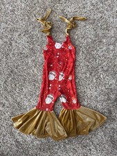 Girls' Flare Leg Jumpsuit 12/18M Red Gold Christmas Santa Ribbed Velvet picture