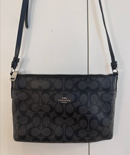 Coach Logo Black Coated Canvas Crossbody Bag Zip Top Adjustable Strap picture