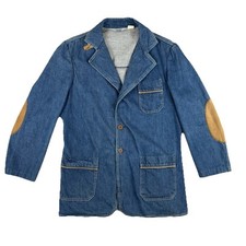 Outlooks Blue 70s Vtg Denim Jacket Womens Sz L Elbow Patches Tailored Buckle USA picture