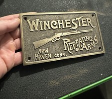 Winchester Sign Plaque Gun Gunsmith Rifle Collector Patina Hunter USA BRASS GIFT picture