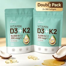 VivoNu Vitamin D3 K2 Softgels 10000IU D3 200mcg MK7 Coconut Oil, 2 Pack picture
