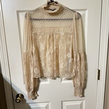 Forever 21 Women's Long Sleeve High Neck Lace Sheer Blouse Size Medium picture