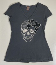 Y2K Skull Bow Babydoll T Shirt Sz M/L Felt Goth Grunge SoSik picture