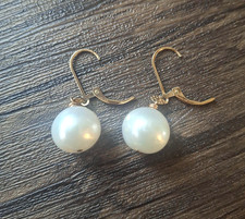 Vintage 14k Solid Yellow Gold Genuine Pearl Leverback Dangle Earrings Italy picture