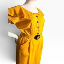 Vintage 60s 70s Handmade Yellow Midi Dress Belt Pockets Cape Collar Retro picture