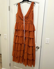 IEENA for Mac Duggal Women’s 12 Rust Brown Midi A-Line Chiffon V-Neck Tiered picture