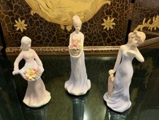 Vintage Porcelain Lady Figurines Set of 3 White Pastel Flowers Umbrella 7” picture