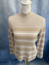 Vtg 90s Classic Elements Striped Cable Knit Sweater Mock Neck Top Beige Grunge L picture