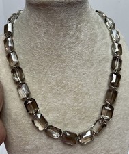 Vintage Smoky Glass Emerald Shaped Bead Necklace Magnetic Closure Heavy 18” picture