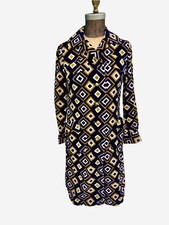 Vintage 1960s Royal Blue W/ Gold White Pattern Velveteen Maxi Coat - Small picture