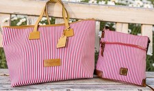 Dooney Bourke Bundle Set Seaview Fuchsia Pink Stripes Large Tote & Crossbody Bag picture