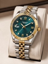 POEDAGAR Men’s Luxury Quartz Watch Green Dial Two Tone Stainless Steel New picture