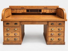 Large Antique Tiger Oak Roll Top Desk Executive Office Tambour Golden Brown Home picture