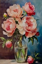 Hand Painted Pink Peony Painting, Floral Still Life Canvas Art, Flowers in Glass picture