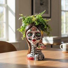 Talavera Lady Skull Planter | Colorful Day of the Dead Pot with Dog picture