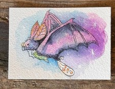Origional Watercolor  ACEO Bat and Candy Corn no. 2  by artist Edith Schmidt picture