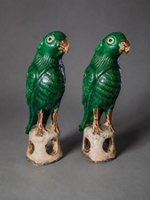 Antique Chinese Export Sancai Glazed Porcelain Parrot Figurines Pair Rare picture