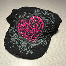 KBETHOS Women's Black vintage Cap Pink Heart Rhinestone Embroidered Adjustable picture
