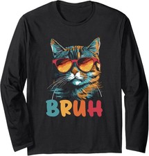Funny Meme saying Bruh with Cat Greetings Design Long Sleeve T-Shirt picture