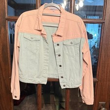 Miss Sparkling Womens Colorblock Denim Jacket Pink Mint Green Pastel Size M picture
