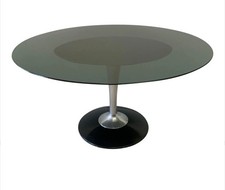 Vintage Mid Century Chromcraft Oval Tulip Table Thick Smoke Glass 60”x45” 29”H picture