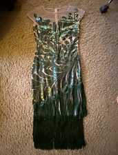 BABEYOND Green Sequin Fringe Mesh Sheath Midi Dress Zip Size 10 20s picture