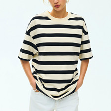 NWT H&M Womens M Oversized Black Cream Striped T-Shirt 100% Cotton picture