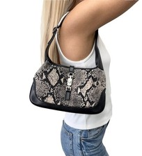 GUCCI Vintage Logo Jackie Snake Print Shoulder Bag Black White Nylon 901854 picture