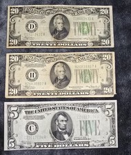 Vintage US Paper Currency Lot: 1934 $5 Phil. & Two 1934 $20 Cleveland/St. Louis picture