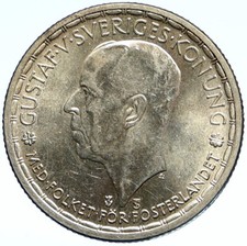 1950 SWEDEN King GUSTAF V Silver Crowned ARMS Antique Vintage 2 KR Coin i99352 picture
