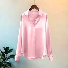 Women’s Satin Silk Button Up Shirt Vintage Long Sleeve Loose White Blouse picture