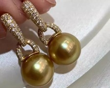 Gorgeous Huge AAA 10-11mm Natural South Sea Round Golden Pearl Earring 925s picture