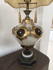 Vintage Carroll Double Pull Chain Opalescent  Glass Table Lamp w Pleated Shade. picture