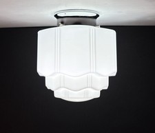 Antique 1920s 1930s Art Deco Nouveau Gatsby White Chrome Ceiling Light Fixture picture