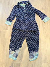 Soma Women's Knit Geometric Blue Pajama Set M Button Collared 3/4 Ruffle picture